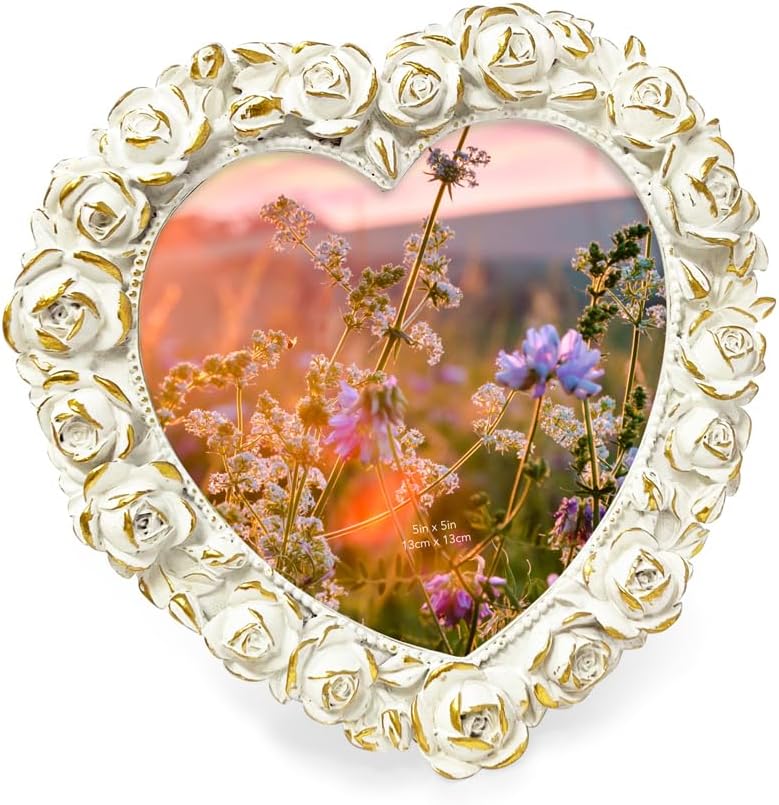 Isaac Jacobs 5x5 Gold Heart Shaped Rose Border Resin Frame, Photo Tabletop & Wall Display Hanging Display & Home Décor (5x5, Gold) (Pack of 2)