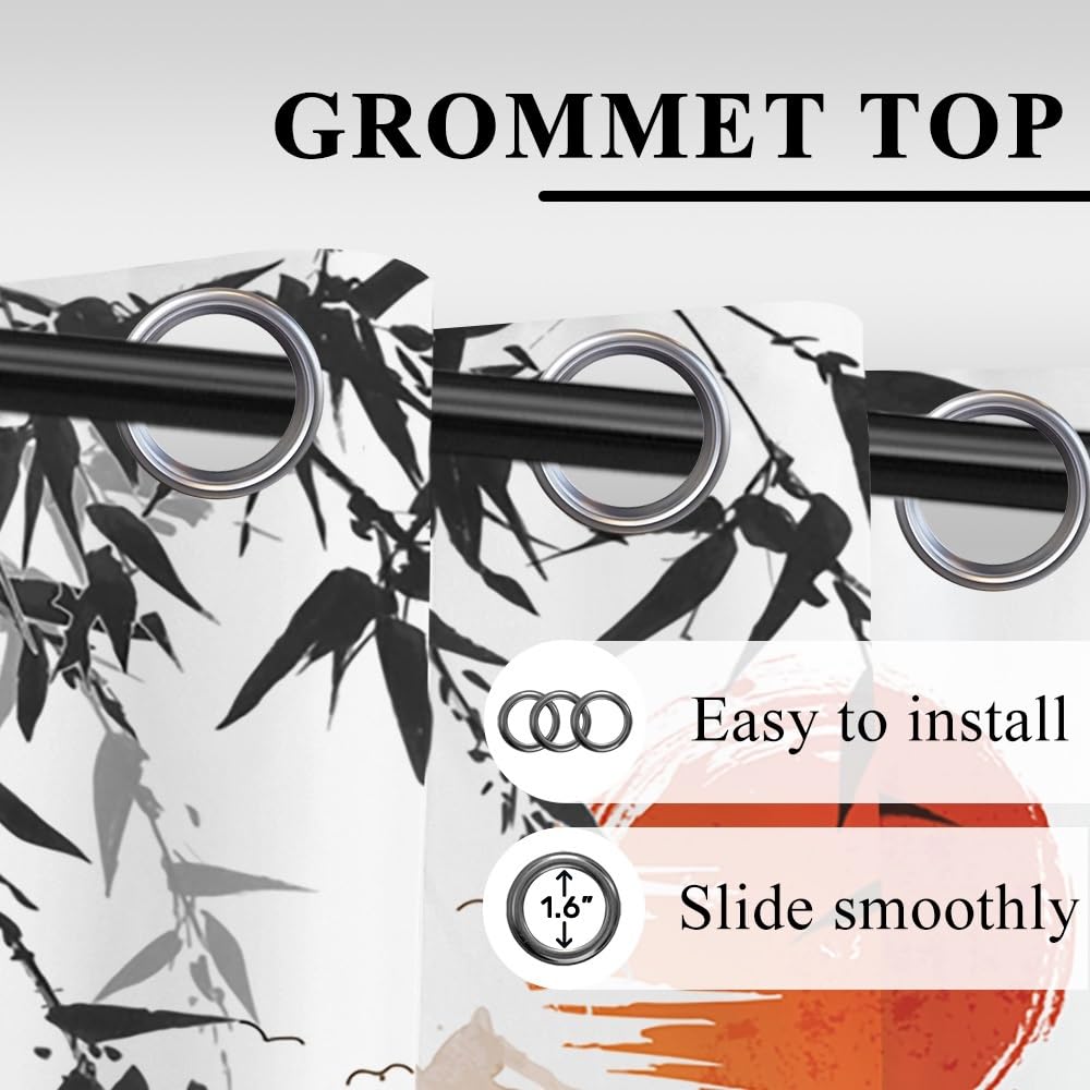 Cortinas japonesas con pintura de tinta, monte Fuji, sol rojo, atardecer, hojas de bambú, cortinas de ventana para dormitorio, sala de estar, estilo asiático japonés, cortinas de cocina, juegos