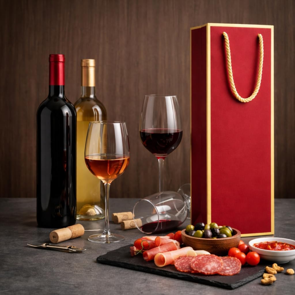 excvalues 50 Pack Wine Gift Bag for Bottles with Handles, 4.3 x 3.7 x 14 inch Heavy Duty Paper Wine Bag Bottle Bags for Gifts Travel & Retail Shipping Elegant Wine Bags Bulk (Red)