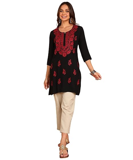 TOP N THREAD Women Floral Embroidered Rayon Lucknowi Chikankari Kurti