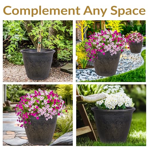 Sunnydaze 24-Inch Anjelica Large Plastic Pot for Plants - Double-Walled Outdoor Polyresin Round Planter with Drillable Drainage Holes - Sable - 4pk