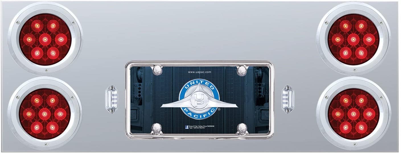 United Pacific 35082 Tail Light Panel, Stainless Steel, Rear Center, with Four 7 LED 4" Light & Bezel, Red LED/Red Lens, Competition Series