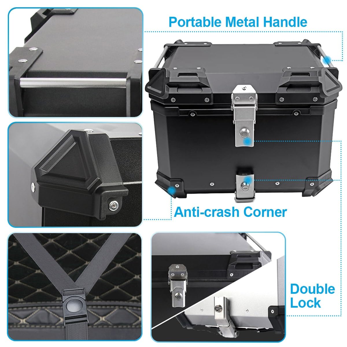 45L 55L 65L 80L 100L Top Case Coffre Moto,Valise pour Moto en Aluminium étanche,Top Cases pour Moto,Valise arrière pour Scooter ou Moto,avec Plaque de Montage et Dossier(Black,55 L)