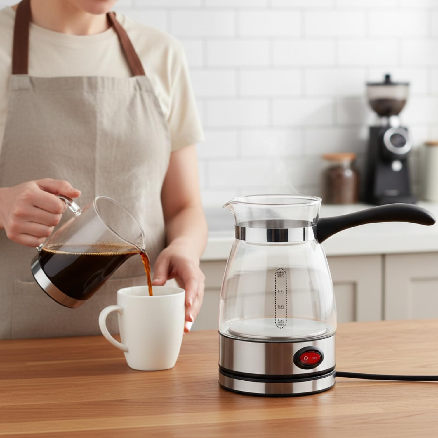 VAMISA Glass Electric Turkish Coffee Maker 0.5L, 600W Fast Boiling Cezve with Cool Touch Handle, Precision Marks, Auto Shut-Off, Portable Coffee Tea Milk Warmer for Travel & Kitchen 1