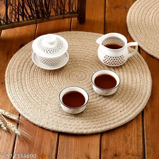 Image of Cotton Rope Placemats, Round Red with White Border, Set of 4, Heat Resistant Table Mats (Beige)