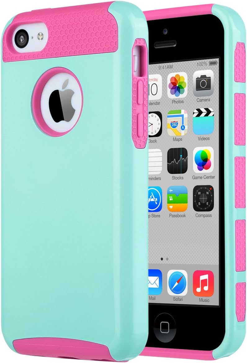 ULAK iPhone 5C Case, Slim Lightweight 2in1 iPhone 5C Cases Hybrid with Soft Rugged TPU Inner Skin and Hard PC Anti Scratches Protective Cover for Apple iPhone 5C (Mint Green+Hot Pink)