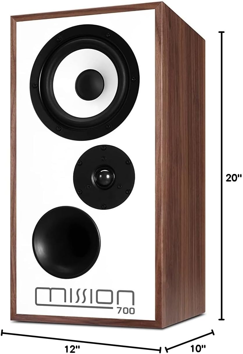 A single Mission 700 speaker with dimensions labeled: 20 inches deep, 12 inches wide, 10 inches high.