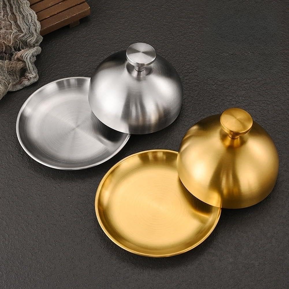 Couvercle rond en acier inoxydable pour plats à steak et barbecue, avec poignée ergonomique, anti-rouille, pour cuisine domestique et commerciale (30 cm, doré)