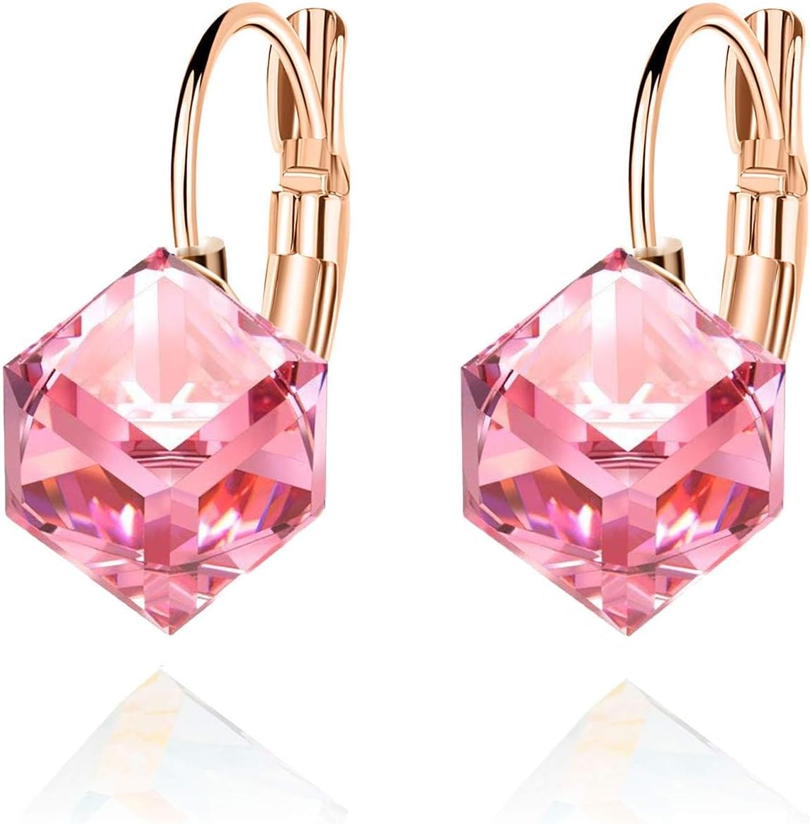 Cube Austrian Crystal Drop Leverback Earrings for Women Fashion 14K Rose Gold Plated Hypoallergenic Jewelry