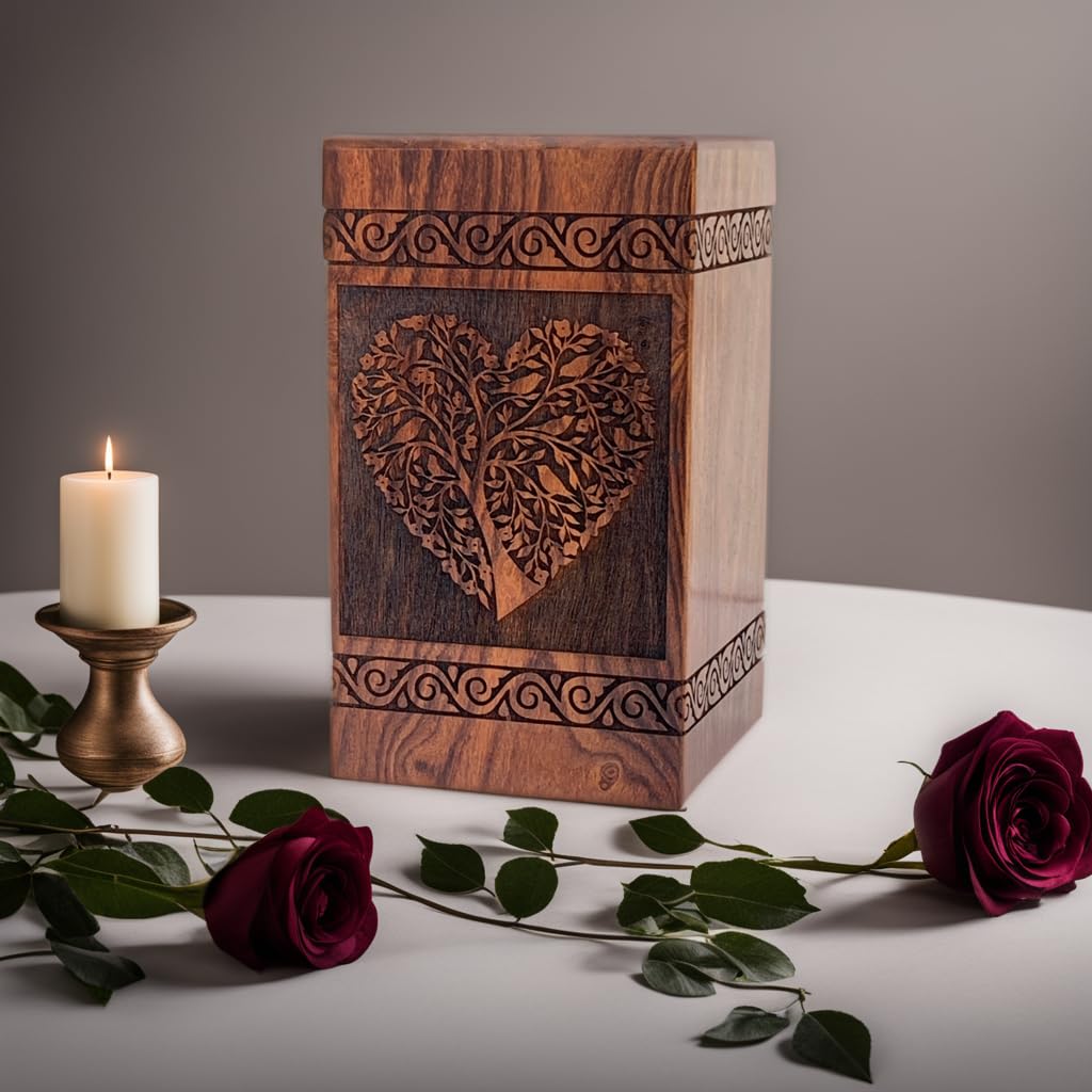 Prime Art wooden urns for ashes adult cremation box for ashes adult cremation urns for ashes adult tree of life urn for ashes (Heart Natural, (Medium - 9.5" Hx5.5 W (180 Cu/in))