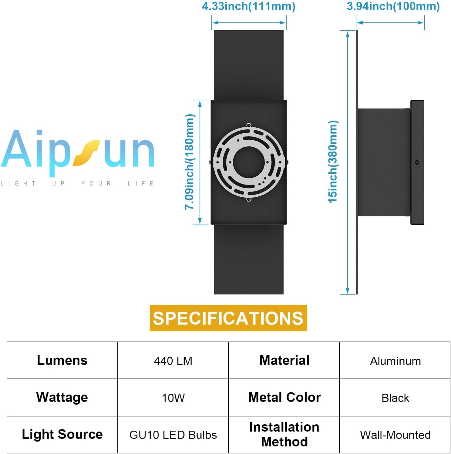 Aipsun 2 Packs LED Up Down Wall Light,Black Outdoor Wall Sconces Modern Porch Light, IP65 Waterproof Wall Lamp for Yard,Entrance,Hallway, Garage,120-277V, CRI90+ 3000K