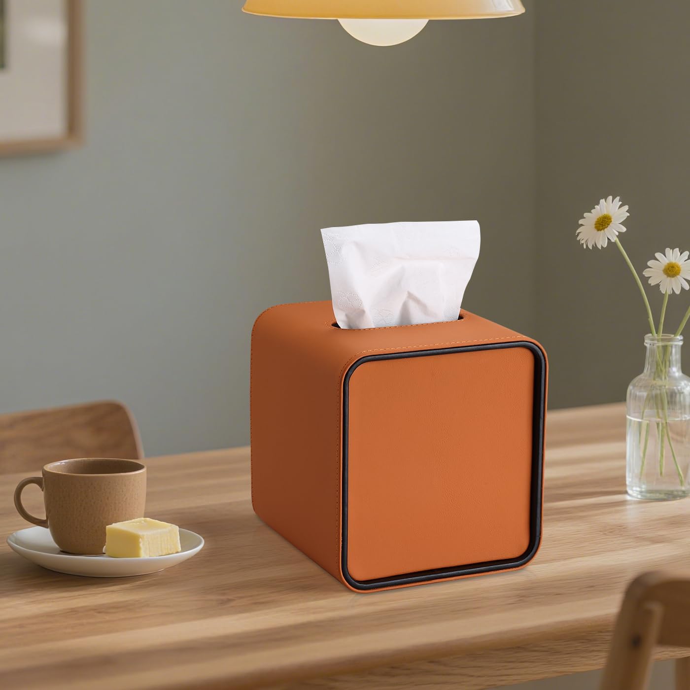 GORESE Square Tissue Box Cover for Kleenexs, PU Leather Tissue Box Holder, Decorative Tissue Holder Cover for Bathroom Bedroom Living Room Office, Orange