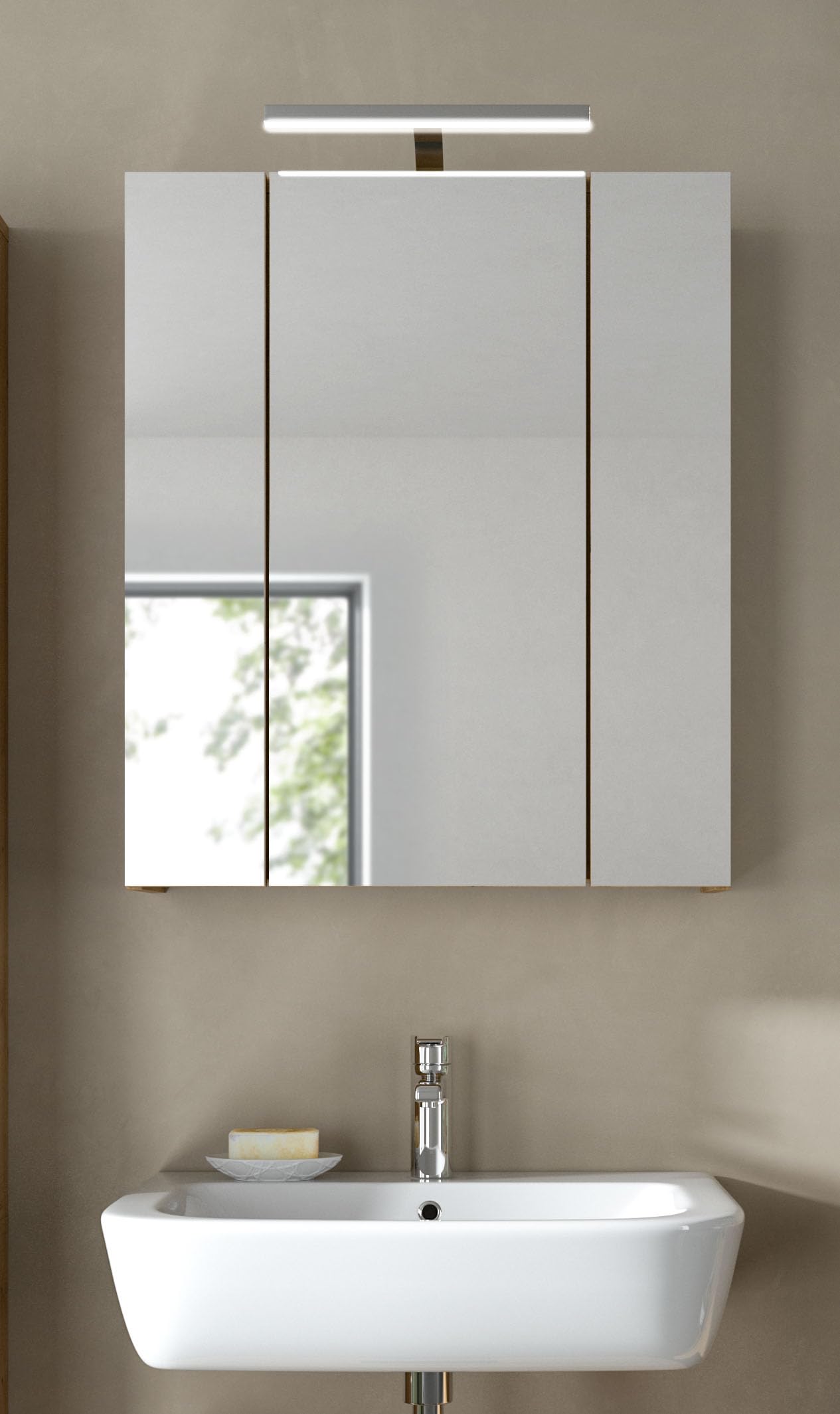 xonox.home – Spiegelschrank Ice 60x70x18 cm inkl. Beleuchtung in Korpus und Front Artisan Oak Nachbildung – Spiegelschrank mit Licht in Holzoptik – markant & edel – Bild 6