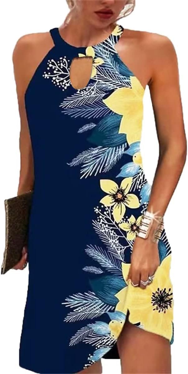 Kubsid Halter Dresses for Women 2026 Casual Floral Print Summer Dresses Hollow Out A-line Sundresses for Beach Vacation