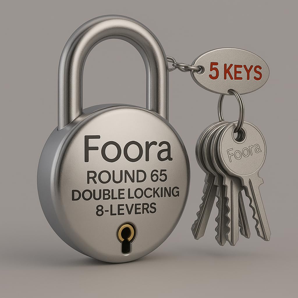 Foora Round 65 Double Locking Padlock, 8-Lever Security Lock with 5 Keys, Silver (1)