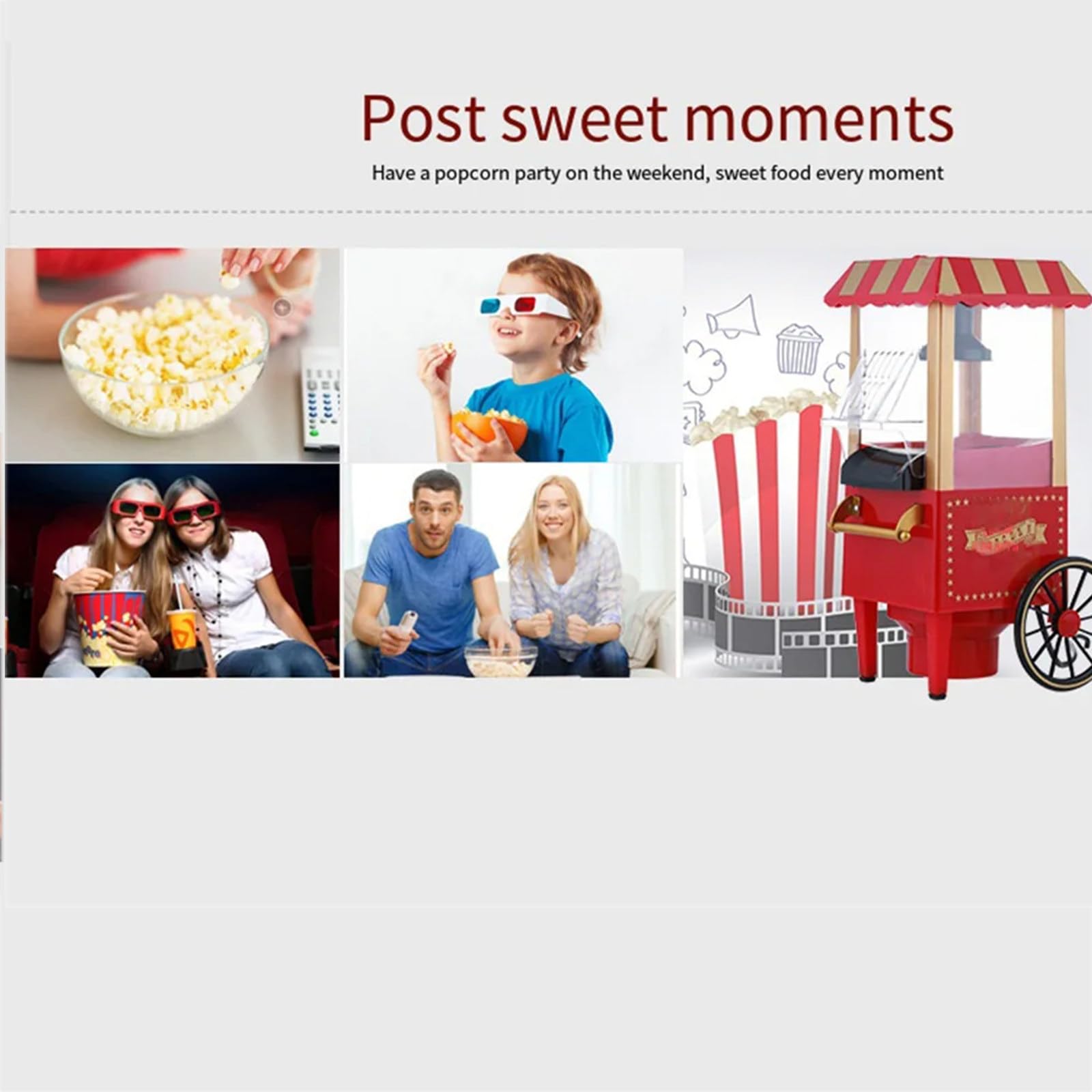 Carrello per Popcorn, Macchina per Popcorn ad Aria Calda, Macchina per Popcorn elettrica retrò, Snack sani e veloci per riunioni di Famiglia, Vacanze e Serate di Cinema