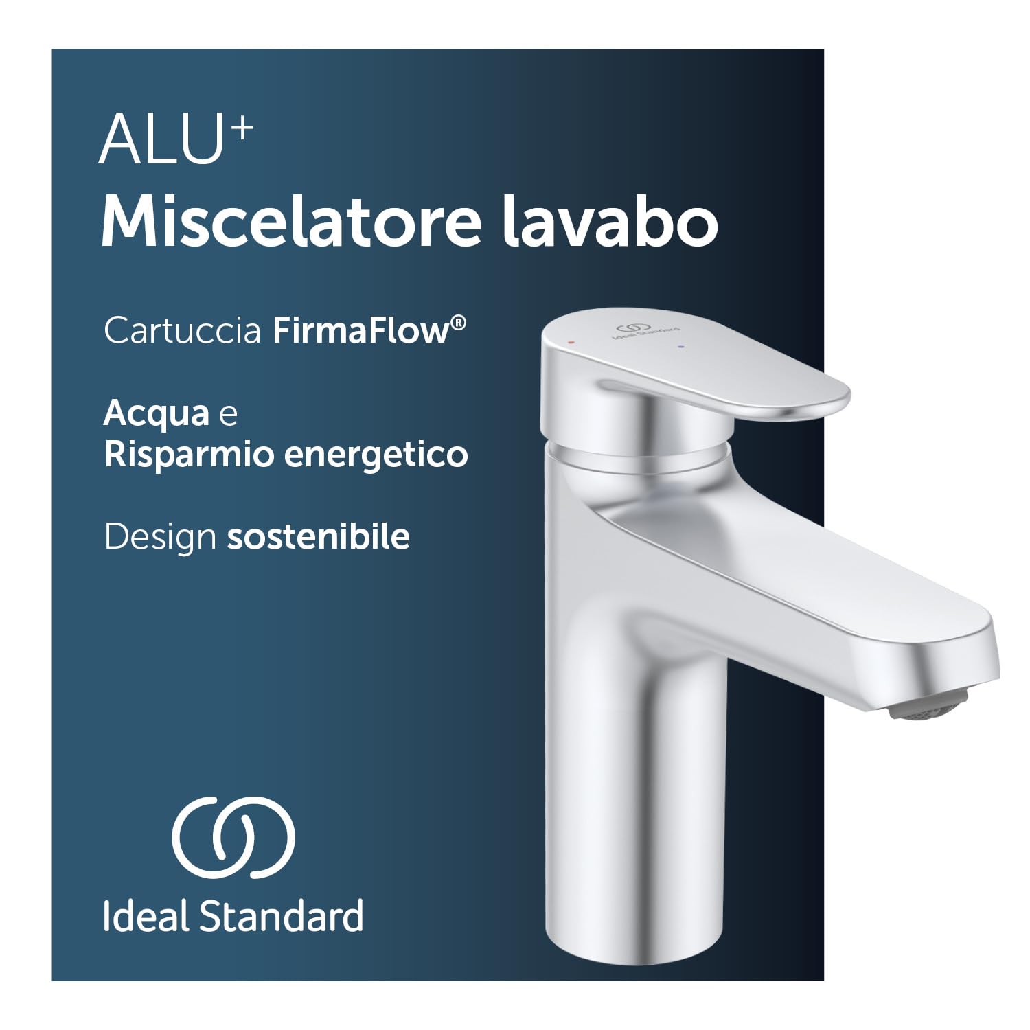 Ideal Standard – Alu+ Miscelatore da lavabo, 120 mm proiezione del beccuccio, Raddrizzatore di flusso, risparmio d'acqua, tecnologia Blue Start, FirmaFlow, elementi principali in alluminio, Silver