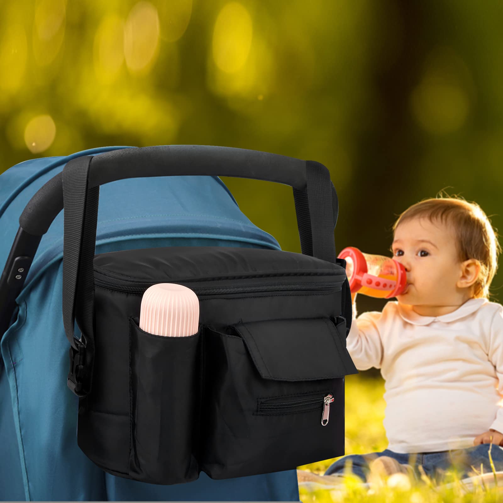 Borsa per Passeggino Universale, Organizer Passeggino con Spallacci Regolabili, Borsa Carrozzina Impermeabile, Borsa da Appendere Passeggino, Passeggino Accessori Forniture, Nero