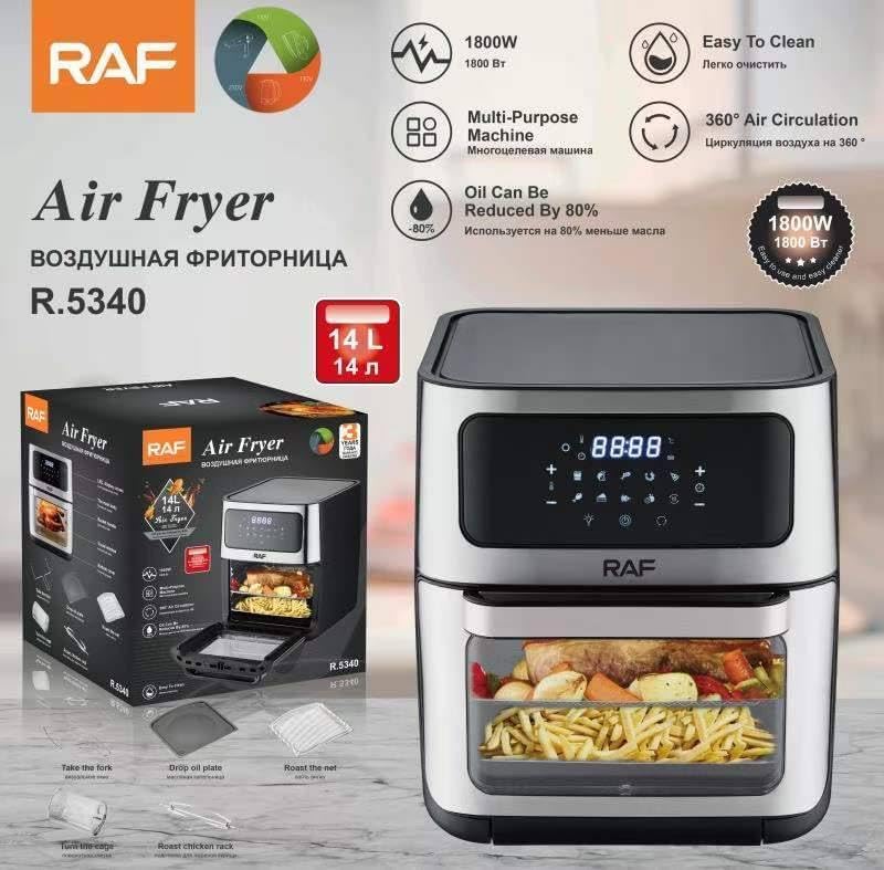 RAF Essential Air Fryer R.5340 highlighting key features like 1800W, 14L, 360 degree air circulation, and easy cleaning