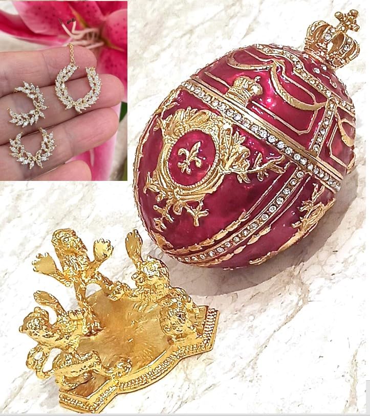 Miniatura 2 de Designer Faberge egg SET Valentine Day Love Wreath Royal Red Fabergé Egg 24KGOLD Russian Jewelry Box Faberge egg Trinket HANDMADE 200Austrian