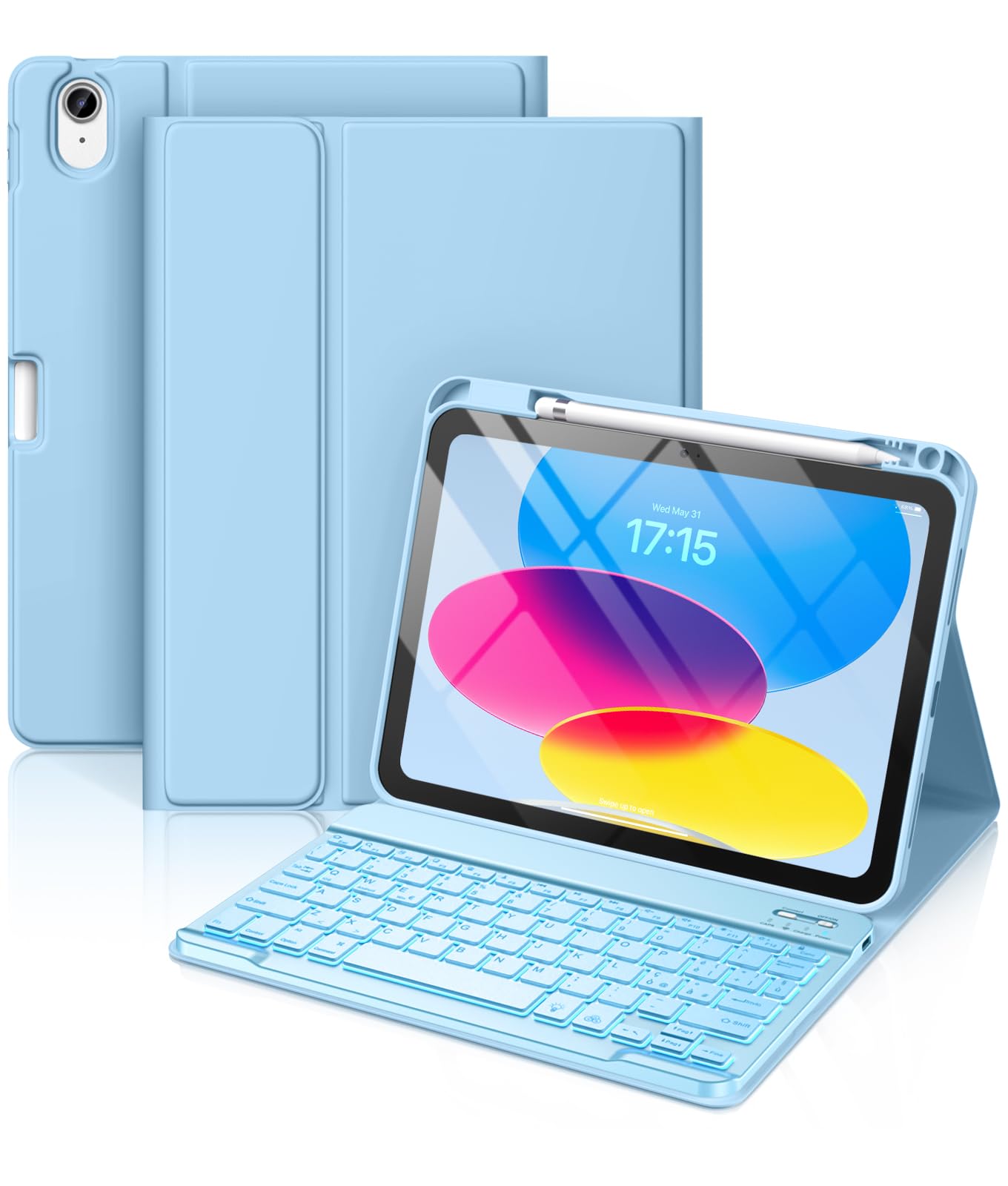 Vobafe Cover iPad A16 11 10 Generazione con Tastiera (11/10.9 Pollici, 2025/2022), Italiano QWERTY con 7 Colori Illuminato, Senza Fili Staccabile Custodia Tastiera con Portapenna, Blu Chiaro