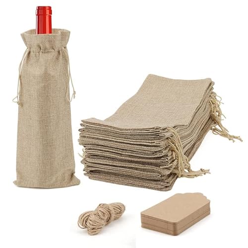 ZEONHAK 30 sacchetti regalo in juta, 15 x 35 cm, con cartellino e corda di canapa, copribottiglie di vino per matrimoni, feste di casa, Marrone, sacchetti regalo di vino di iuta
