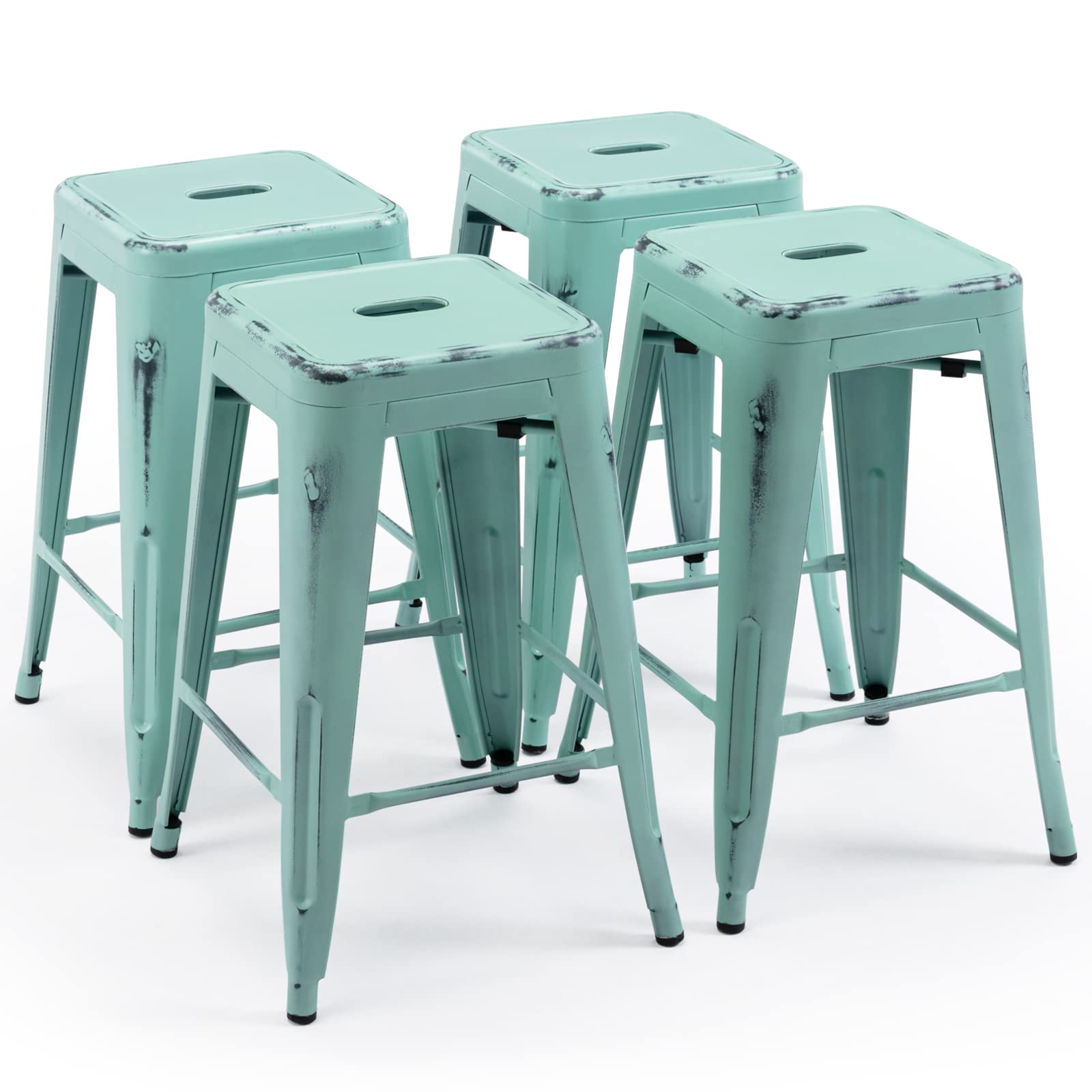 Vogue Furniture Direct 24 Inch Metal Bar Stools, Backless Counter Height Barstools, Indoor Outdoor Stackable Stools with Square Seat, Set of 4 (