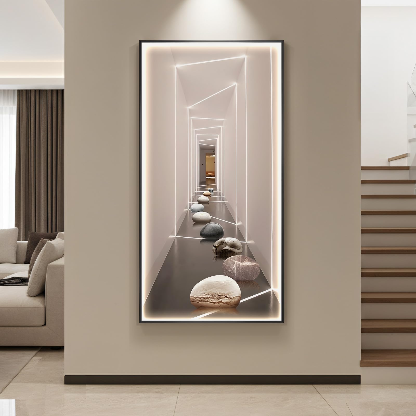 Framed LED Lighted Hallway Wall Art Decor Large Vertical Modern Minimalist Stone Lines Prints Artwork for Walls Remote