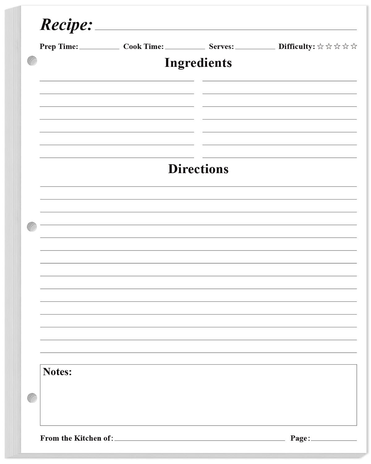 Blank Recipe Paper for A4 Binder - 3 Hole Recipe Book Paper Refills for Saving Recipes, 50 Sheets/100 Pages, 100gsm, White, 8.5'' x 11''