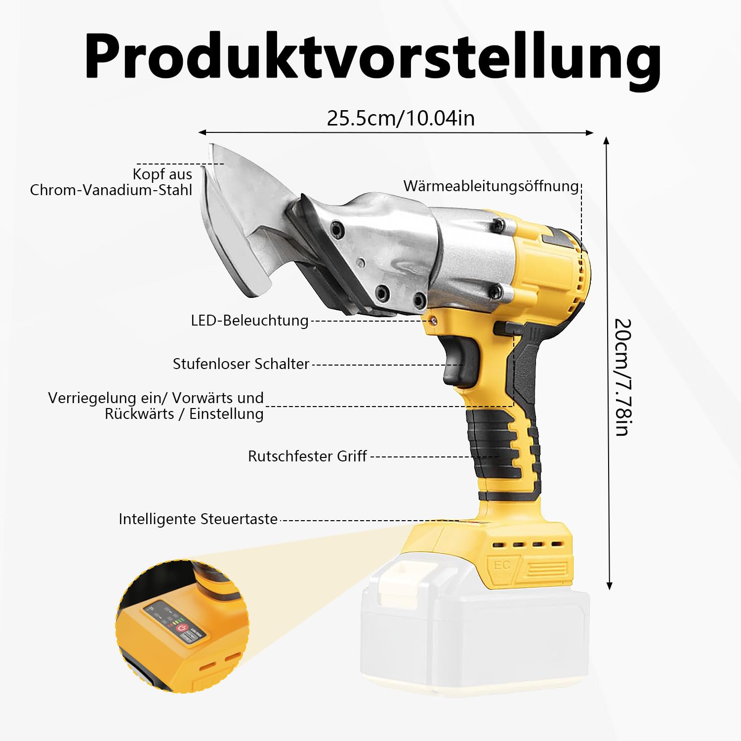 Tijeras de hojalata compatibles con batería Dewalt de 20 V, tijeras eléctricas de metal con cabezal giratorio de 360°, tijeras eléctricas sin escobillas para chapa, alfombras, tela, cuero, papel (sin