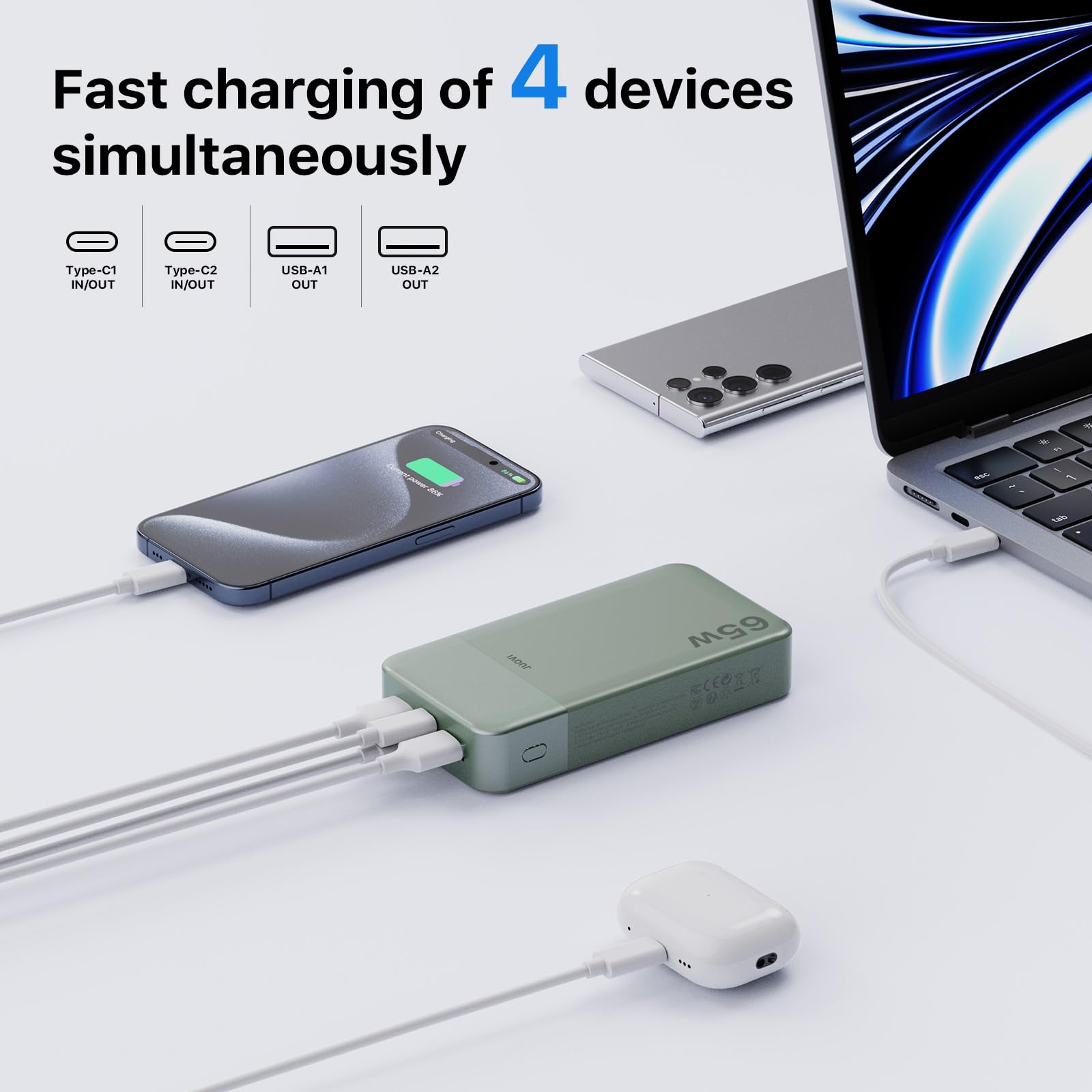 JUOVI 65W Laptop Power Bank szybkie ładowanie 20000mAh | Portable Charger USB C Battery Pack Power Bank dla laptopa Dell XPS iPad tabletu Steam Deck serii iPhone Samsung i więcej