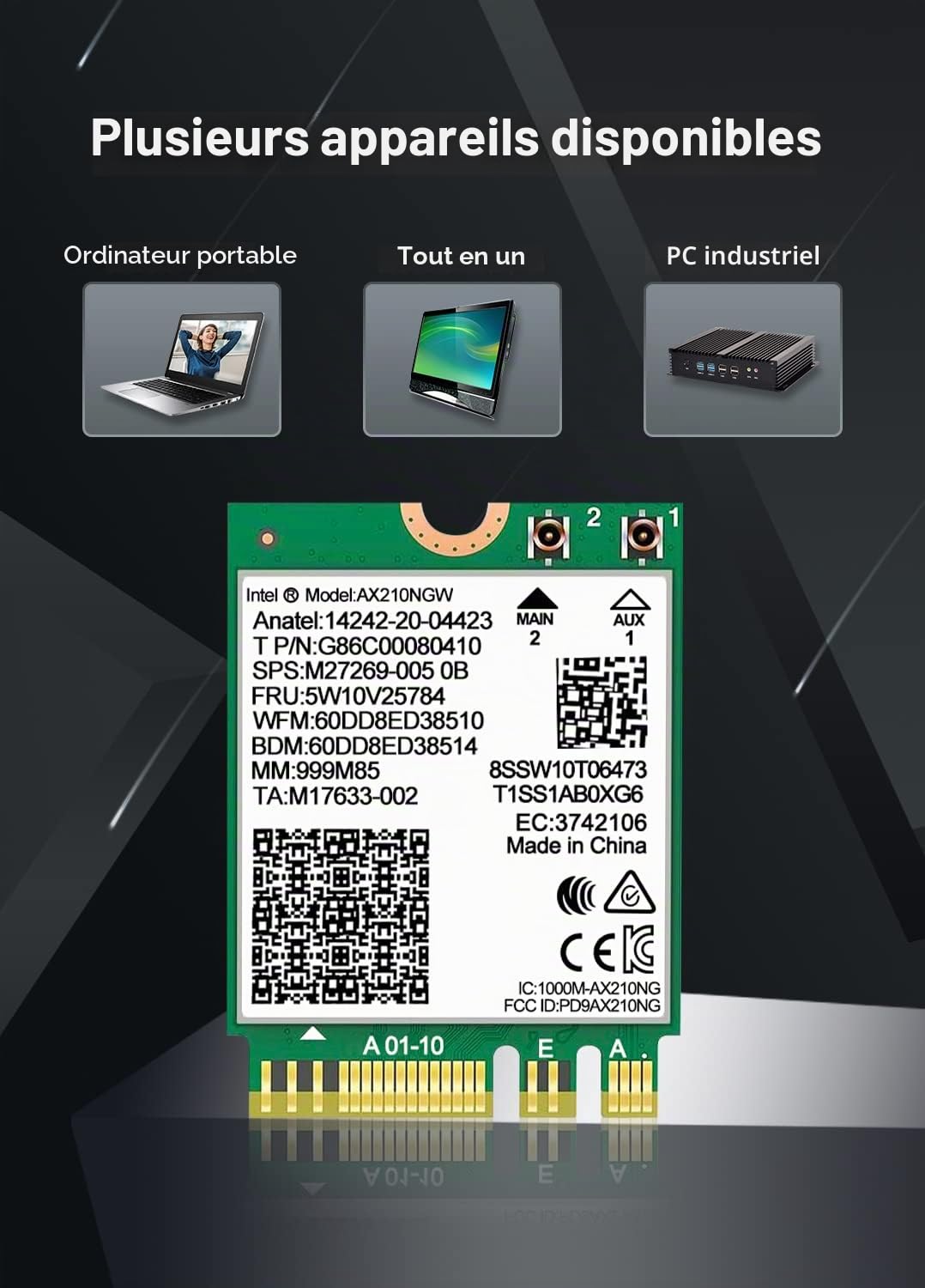 Carte sans Fil WiFi 6E Intel AX210 NGW Bluetooth 5.2 Adaptateur réseau tri-Bande 5400Mbps pour Ordinateur Portable Support Windows 10/11 (64bit) M.2/NGFF