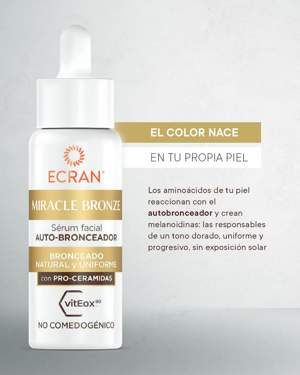 ECRAN Miracle Bronze Autobronceador Facial - Loción Bronceadora con Pro-Ceramidas - Bronceado Natural, Uniforme y Progresivo sin Sol - Textura Ligera, No Reseca ni Engrasa - 4 Días de Duración - 50 ml