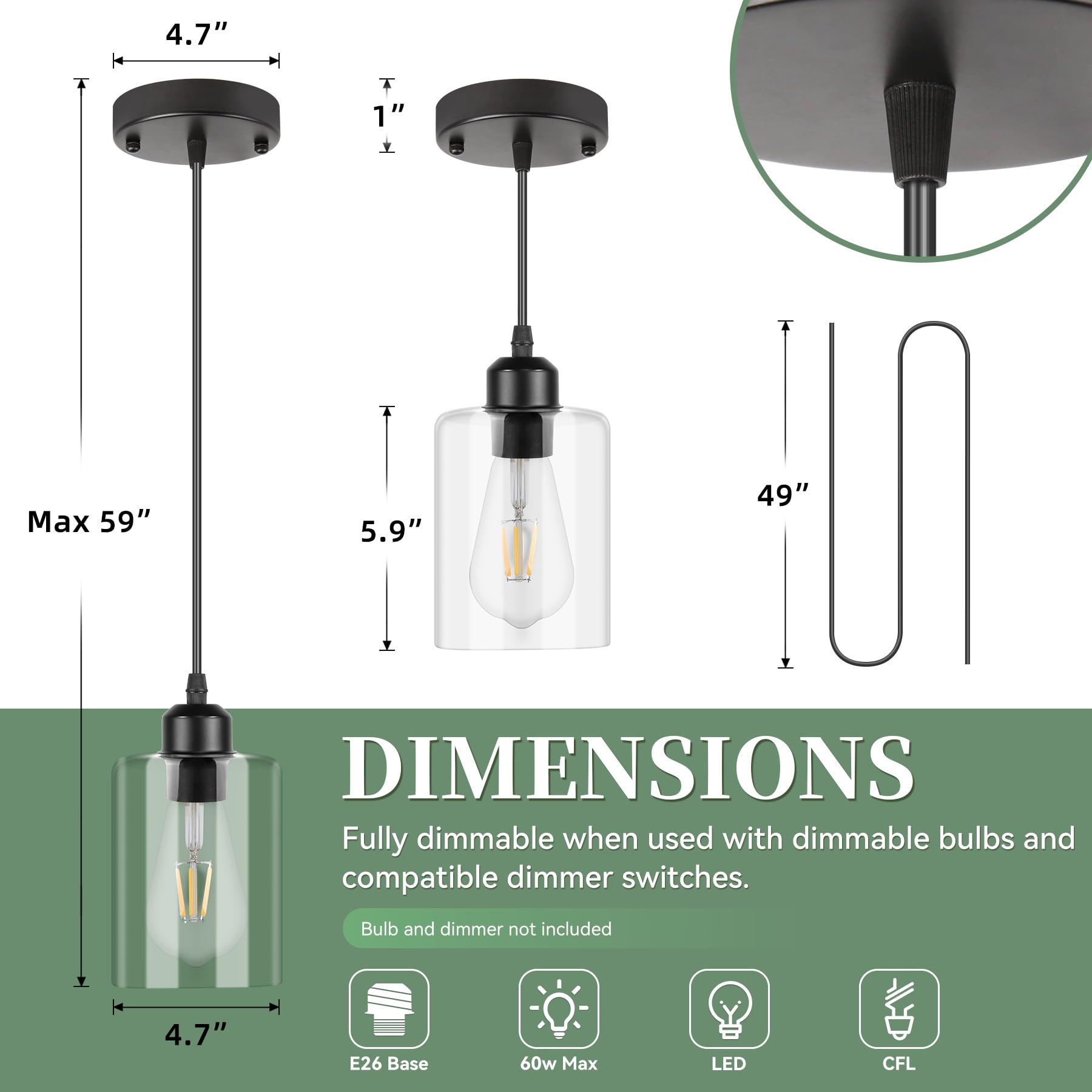 CANMEIJIA Glass Pendant Light Fixtures with 3 Pack, Black Pendant
