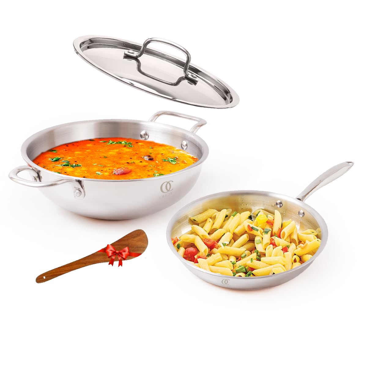 Omichef Triply Cookware Set Kadai + Frypan/Kadhai + Frying Pan with Steel Lid | Medium 22 Cm | Induction Friendly Cookware Combo | Nonstick 3 Layer Body, No Chemical Coating & 100% Toxin Free, Silver Omichef Triply Cookware Set Kadai + Frypan/Kadhai + Frying Pan with Steel Lid | Medium 22 Cm | Induction Friendly Cookware Combo | Nonstick 3 Layer Body, No Chemical Coating & 100% Toxin Free, Silver
