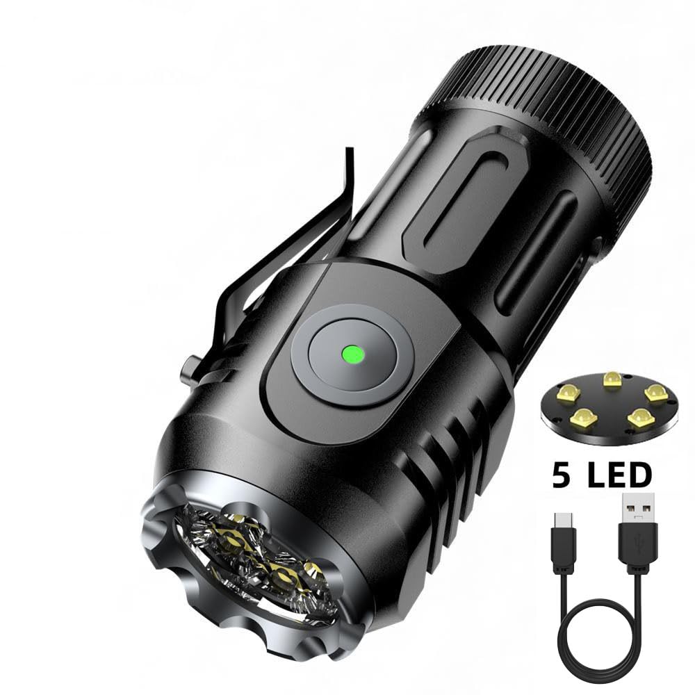 ALONEFIRE X65 Mini LED Flashlight Type C USB Rechargeable Bright 5 LED Light Source Small Torch 8 Modes Waterproof Long Battery Life with Tail Magnet, Clip, Battery for Outdoor, EDC Carry, Hiking