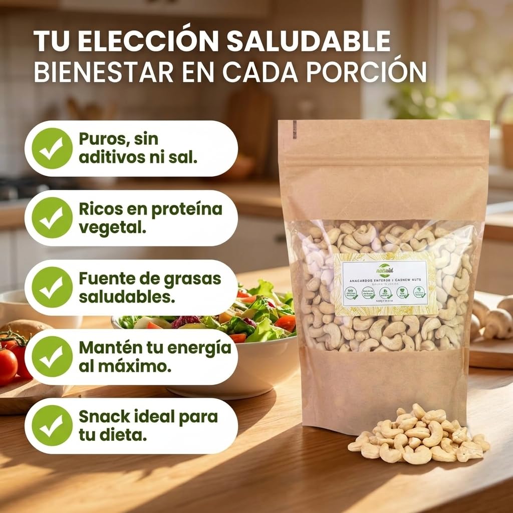Natuvid | Anacardos Crudos Naturales 1kg | Anacardos Sin Tostar ni Sal | 100% Naturales | Snack Saludable Rico en Proteína Vegetal | Veganos | Origen África Occidental | Sin Conservantes ni Aditivos