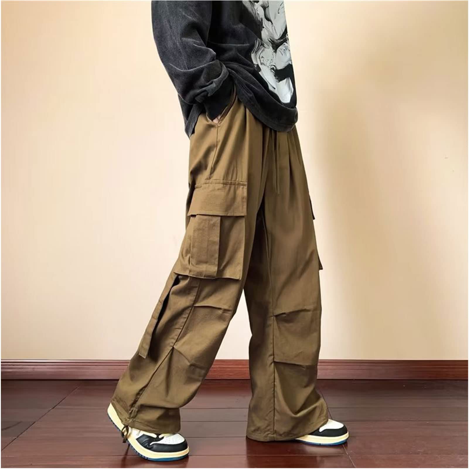 FantasyGears Men's Cargo Pants Y2k Gothic Brown Baggy Pants Streetwear Elastic Wide Leg Joggers Hip Hop Baggy Harem Pants