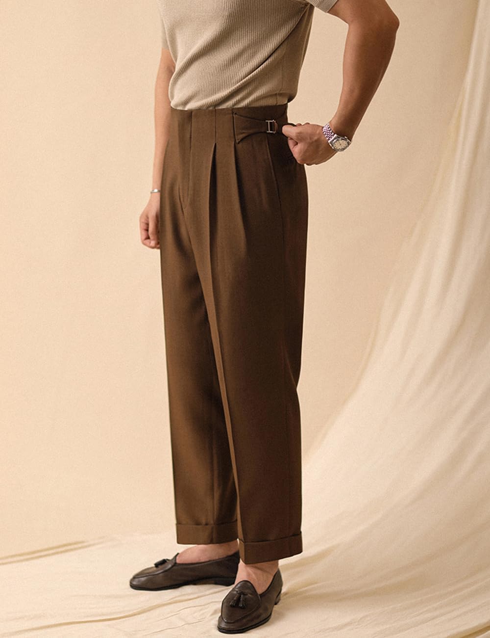 Men‘s Dress Pants Classic Gurkha Pants Slim Fit Casual Pleated Lightweight Trousers