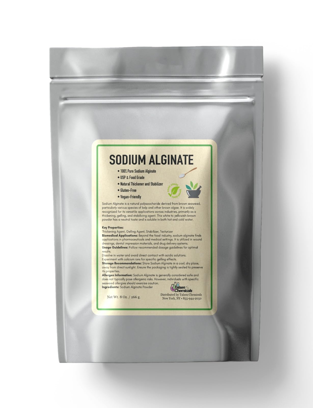 Sodium Alginate (4 Ounce / 113 Grams) Pure Sodium Alginate Powder Food Grade Powder for Thickening, Perfect for Making Luxurious Caviar Spheres, Desserts, Meatloaves by Talsen Chemicals