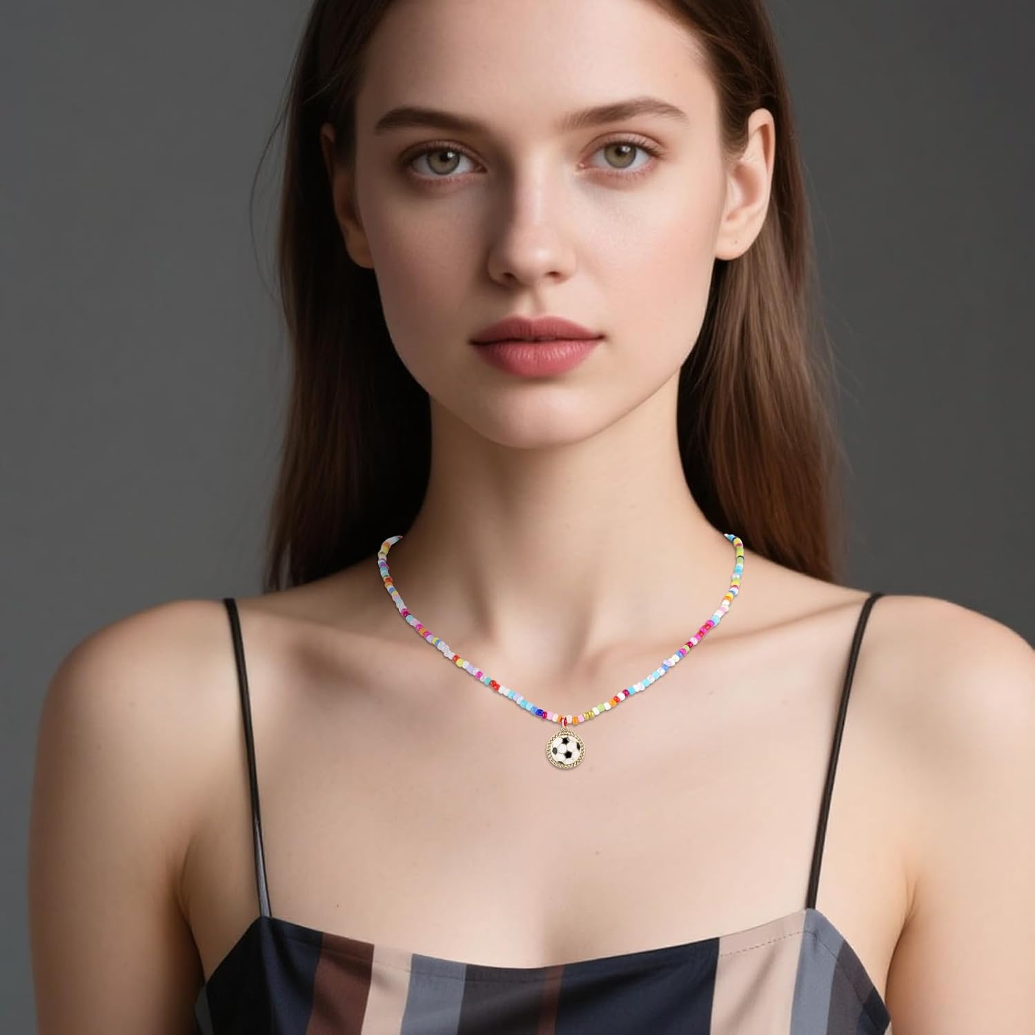 Soccer Beaded Necklace for Women, 44.32cm/17.45 Inch+2 Inch/5.08cm Adjustable Sport Themed Colorful Necklace Soccer Team Pendant Jewelry for Players Fans Gifts - Image 5