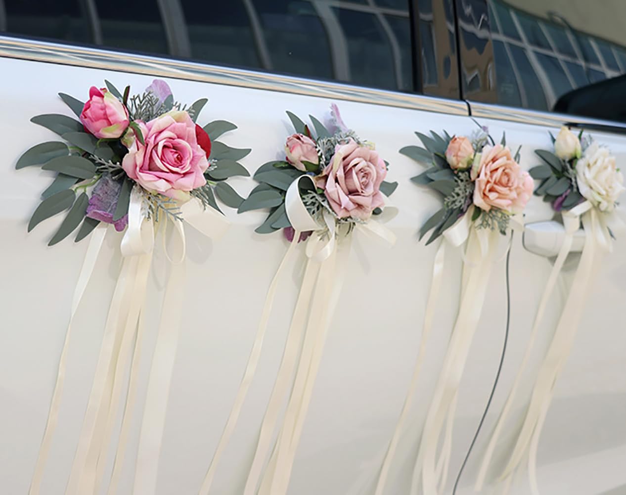 Seidenblume Autoschmuck Hochzeit Auto Car Türgriffleiste Rückspiegel Motorhaube Dekoschleife Autoschleifen Vintage Hochzeits Künstliche Blume mit Saugnäpfen Hochzeitsauto-Deko Cremeweiß 6 Stück