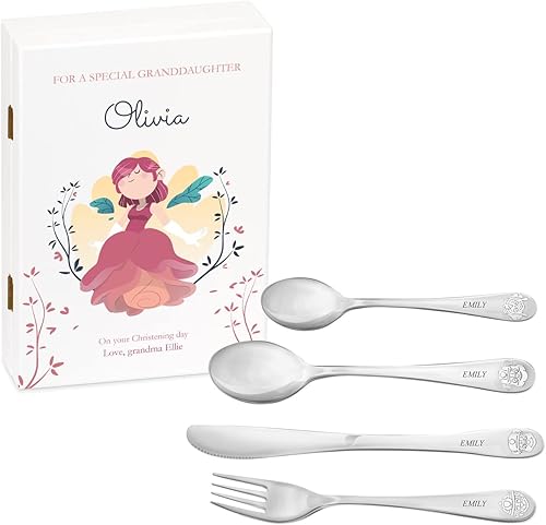 Maverton Cubertería infantil en caja de madera Juego de cubiertos personalizado de Paw Patrol para ella Juego de utensilios de acero inoxidable