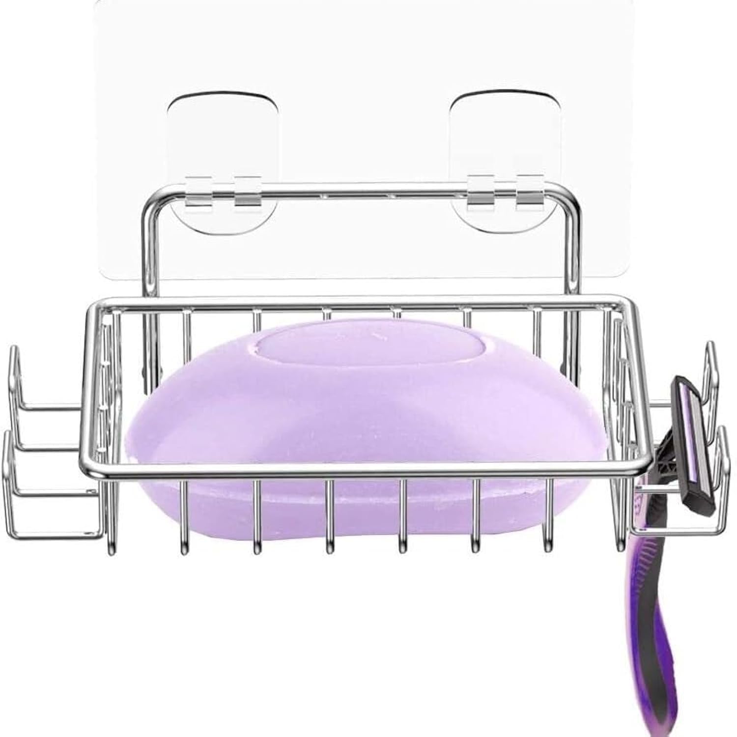 Lonimia Soap Dish,Shower Wall Soap Dish Holder with 4 Hooks Stainless Steel Adhesive Soap Dish for Bathroom Shower Razor Holder Silver