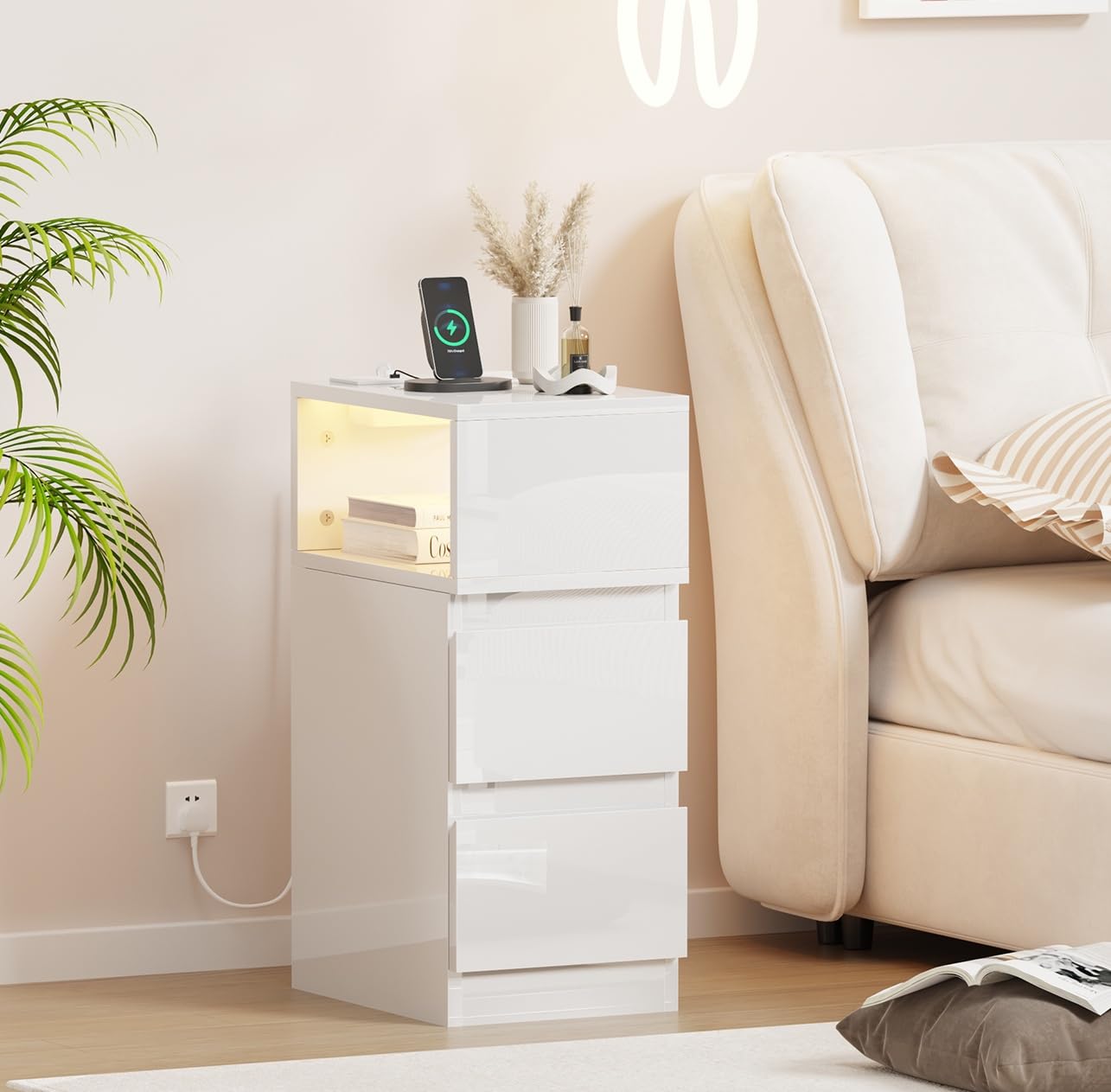 Pantanal 25CM Slim Bedside Table Cabinet with Led Light Charging Station, 2 Drawers Narrow Small Side Table End Table Nightstand with USB Ports & Power Sockets for Bedroom Living Room โ image 1