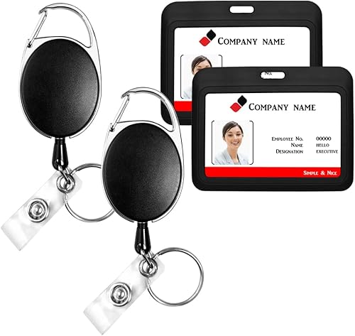 Paquete de 2 portatarjetas de nombre pesados, portatarjetas de trabajo, mosquetón, clip y portatarjetas de identificación de estilo horizontal,