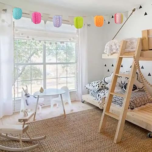 Miniatura 7 de Paquete de 12 linternas de papel chinas multicolor colgantes huecas de 6 x 8 pulgadas, lámparas asiáticas japonesas con luces LED, palos, borlas