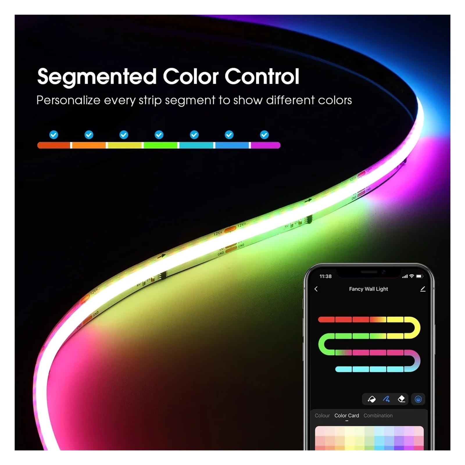 RGB-COB-LED-Streifen-Segmentsteuerung Dreamcolor Lichtmusik Sprachsteuerung funktioniert mit Smart Voice Assistant(EU Adapter Set,2M LED)