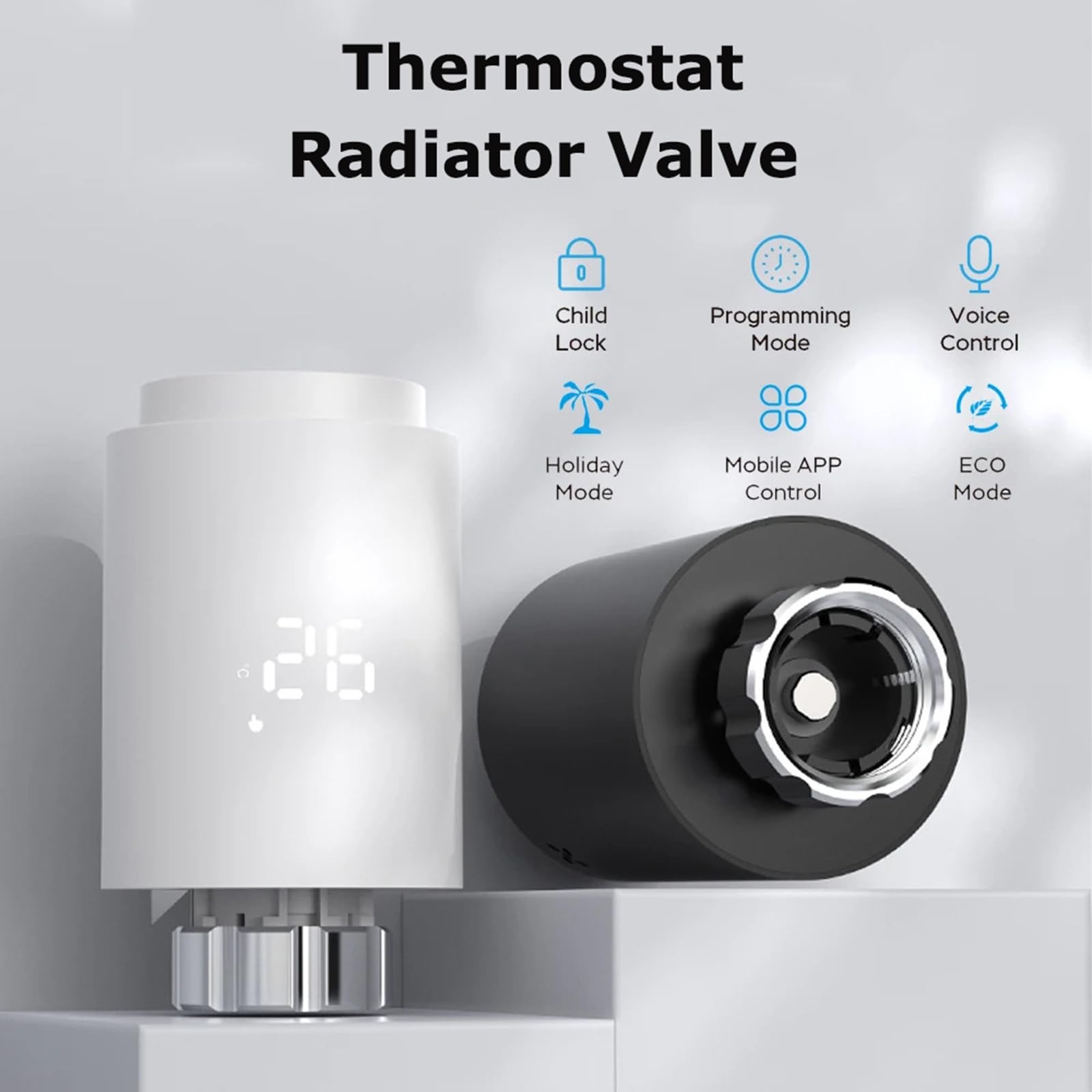 Termostato Intelligente per Radiatore, Valvola Intelligente per Termosifone aggiuntiva WiFi, Programmazione Settimanale Programmabile, Modalità Vacanze ed ECO, Termostati Wireless per Radiatori white