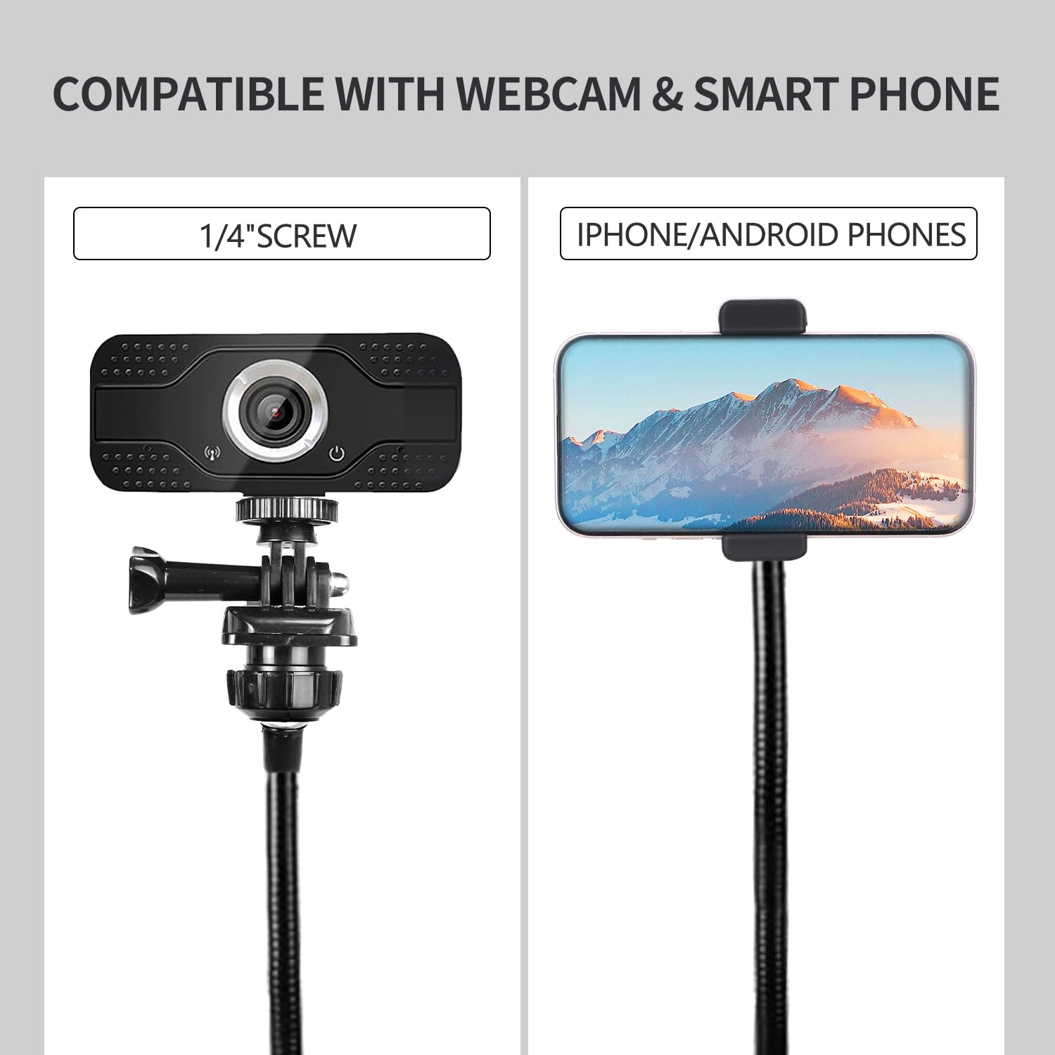 Support pour Webcam, Support Telephone Lit, Support Téléphone avec Col de Cygne Flexible Long Bras Rotation 360° Réglable pour iPhone Samsung Huawei, Webcam